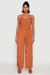 Womens Side Slit Smocked Tie Waist Jumpsuit, Brown, Size M
