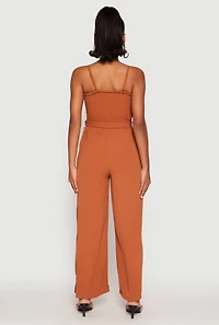 Womens Side Slit Smocked Tie Waist Jumpsuit, Brown, Size M