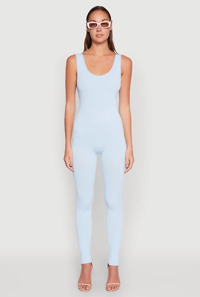 Womens Ribbed Knit Catsuit, Blue, Size S