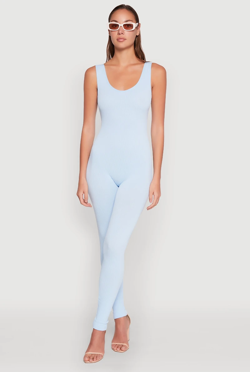 Womens Ribbed Knit Catsuit, Blue, Size XL