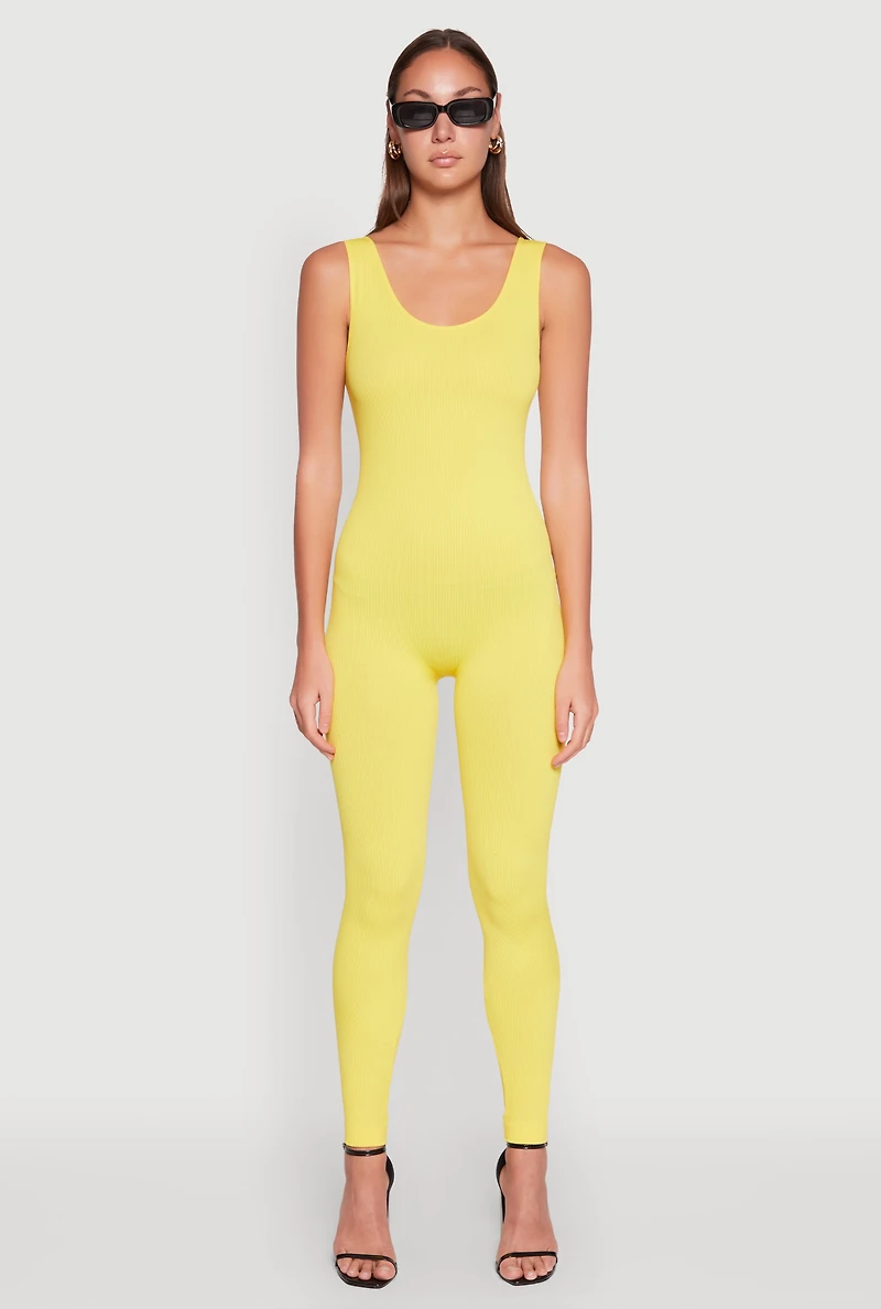Womens Ribbed Knit Catsuit, Yellow, Size M