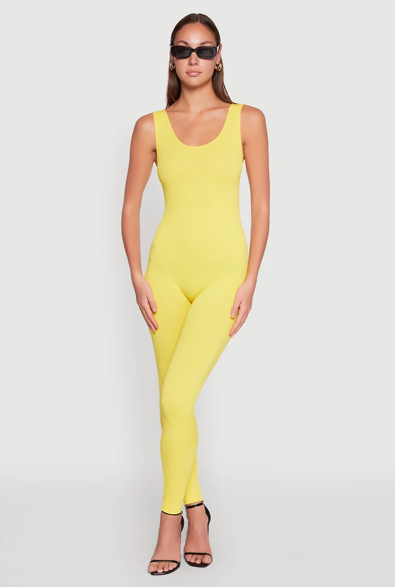 Womens Ribbed Knit Catsuit, Yellow, Size M
