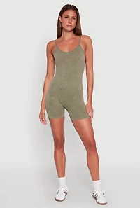 Womens Mineral Wash Rib Knit Scoop Neck Cami Romper, Green, Size L
