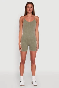 Womens Mineral Wash Rib Knit Scoop Neck Cami Romper, Green, Size L