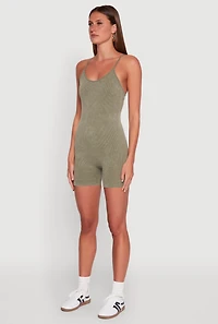 Womens Mineral Wash Rib Knit Scoop Neck Cami Romper, Green, Size L