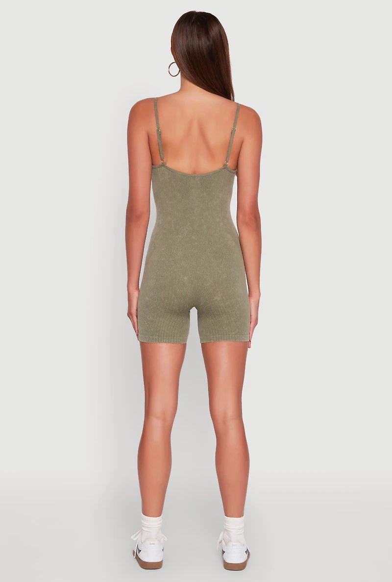 Womens Mineral Wash Rib Knit Scoop Neck Cami Romper, Green, Size L