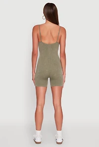Womens Mineral Wash Rib Knit Scoop Neck Cami Romper, Green, Size L