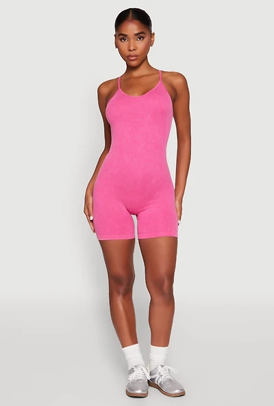 Womens Mineral Wash Rib Knit Scoop Neck Cami Romper, Pink, Size L