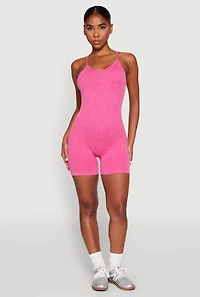 Womens Mineral Wash Rib Knit Scoop Neck Cami Romper, Pink, Size L