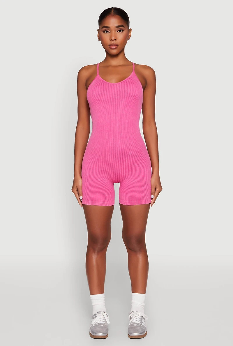Womens Mineral Wash Rib Knit Scoop Neck Cami Romper, Pink, Size L