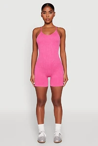 Womens Mineral Wash Rib Knit Scoop Neck Cami Romper, Pink, Size L