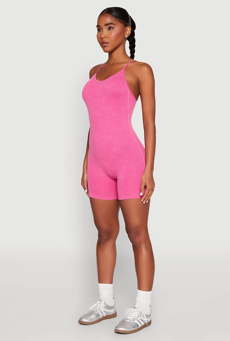 Womens Mineral Wash Rib Knit Scoop Neck Cami Romper, Pink, Size L