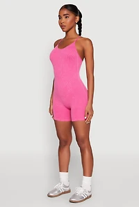 Womens Mineral Wash Rib Knit Scoop Neck Cami Romper, Pink, Size L