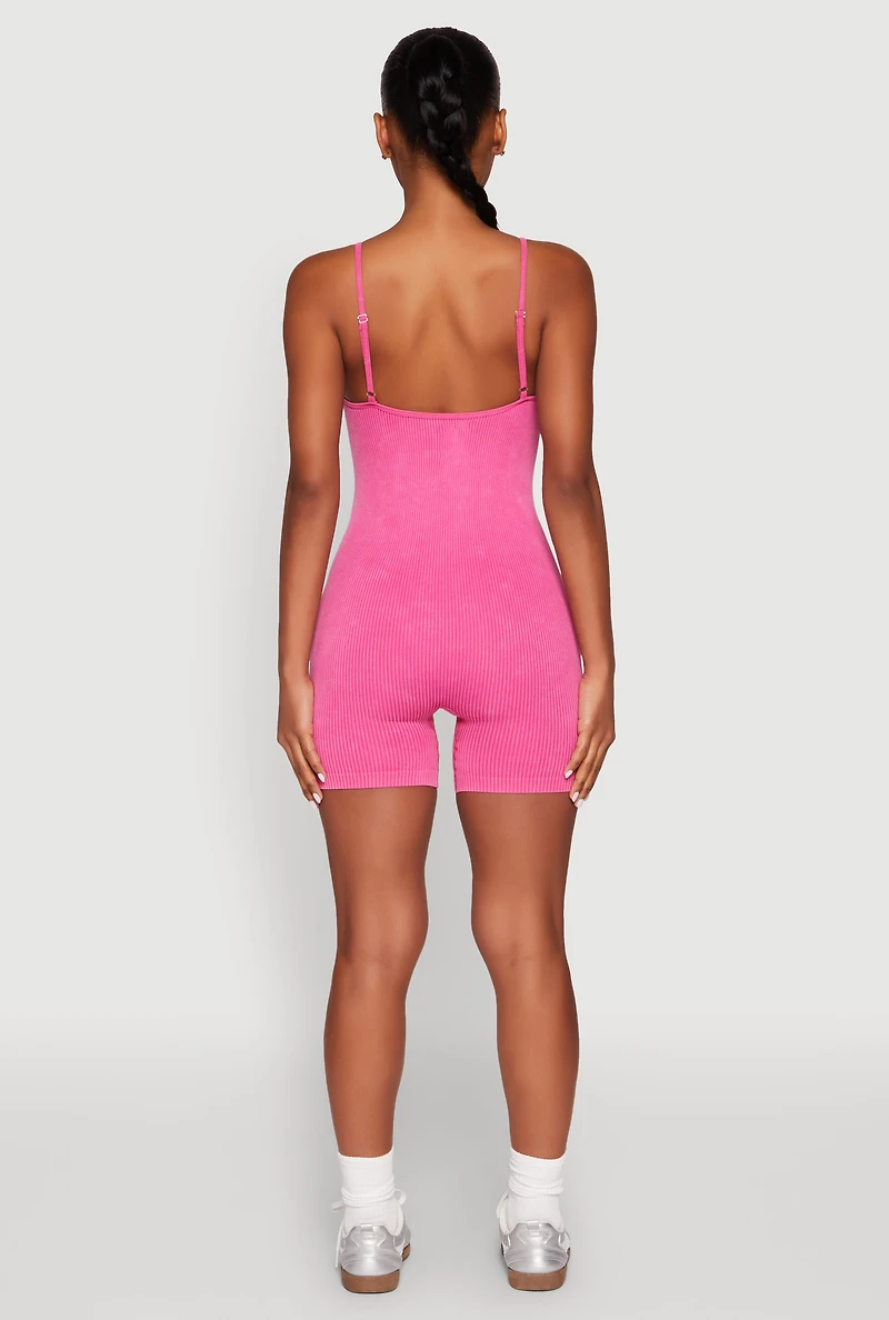 Womens Mineral Wash Rib Knit Scoop Neck Cami Romper, Pink, Size L