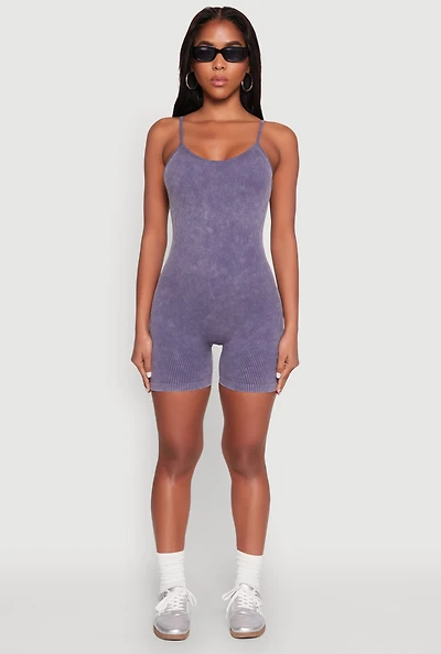 Womens Mineral Wash Rib Knit Scoop Neck Cami Romper, Blue, Size L