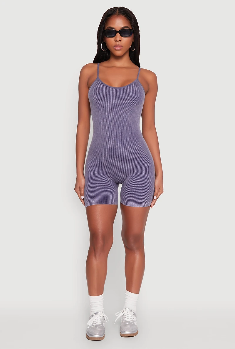 Womens Mineral Wash Rib Knit Scoop Neck Cami Romper, Blue, Size L
