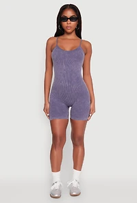 Womens Mineral Wash Rib Knit Scoop Neck Cami Romper, Blue, Size L