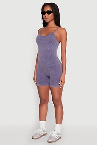Womens Mineral Wash Rib Knit Scoop Neck Cami Romper, Blue, Size M