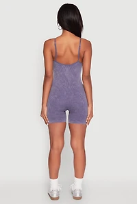 Womens Mineral Wash Rib Knit Scoop Neck Cami Romper, Blue, Size L