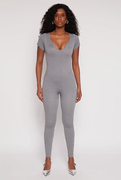 Womens Seamless Notch Neck Rib Knit Catsuit, Grey, Size S