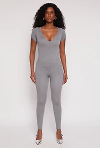 Womens Seamless Notch Neck Rib Knit Catsuit, Grey, Size S