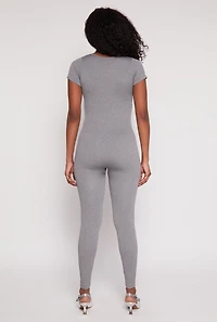 Womens Seamless Notch Neck Rib Knit Catsuit, Grey, Size S