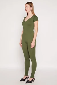Womens Seamless Notch Neck Rib Knit Catsuit, Green, Size M
