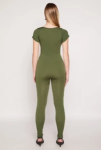 Womens Seamless Notch Neck Rib Knit Catsuit, Green, Size M
