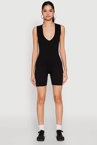 Womens Compression Rib Seamless Plunge Romper,