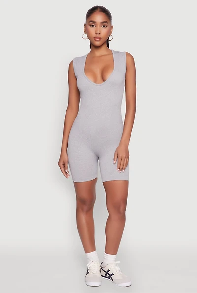Womens Compression Rib Seamless Plunge Romper, Grey,