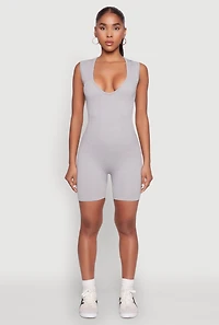 Womens Compression Rib Seamless Plunge Romper, Grey,