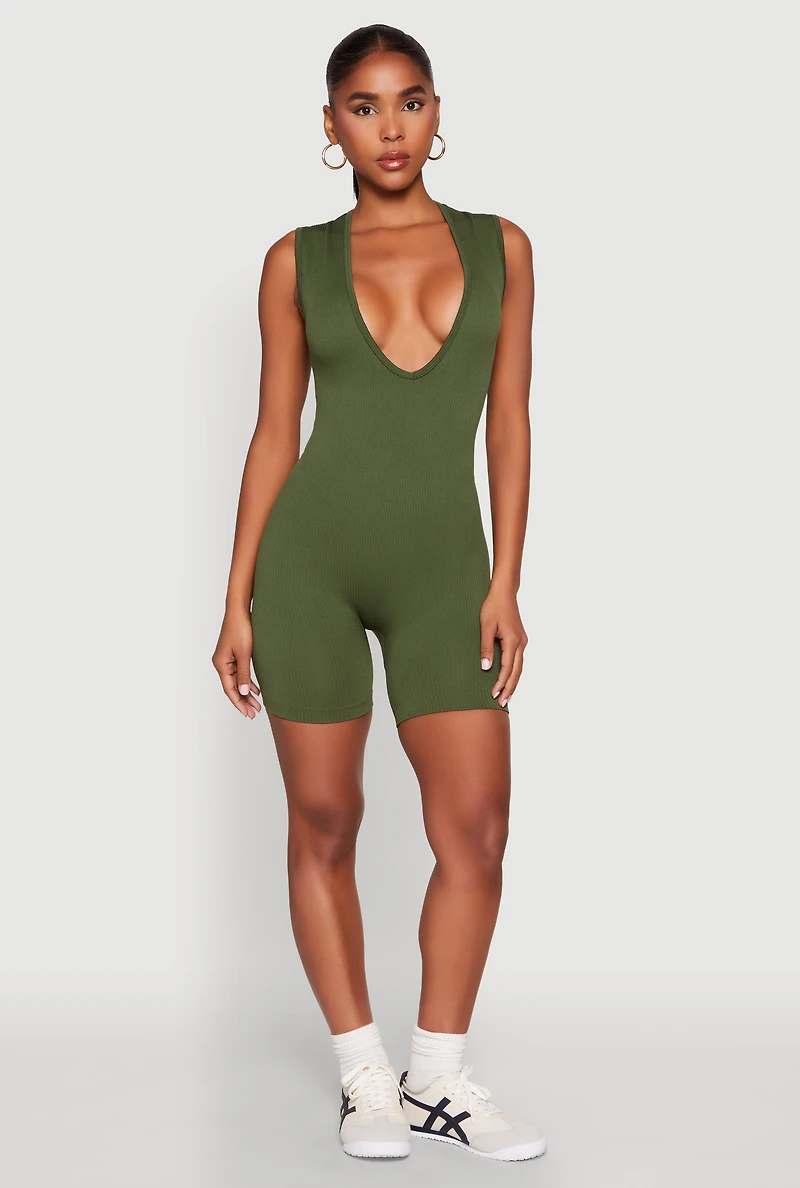 Womens Compression Rib Seamless Plunge Romper,