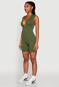 Womens Compression Rib Seamless Plunge Romper,