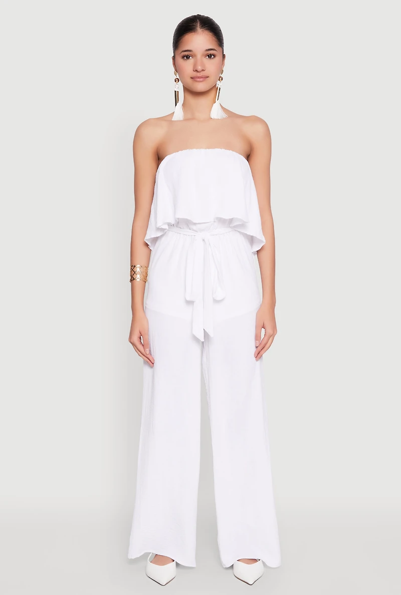 Womens Crepe Knit Ruffle Overlay Tie Waist Jumpsuit, White,