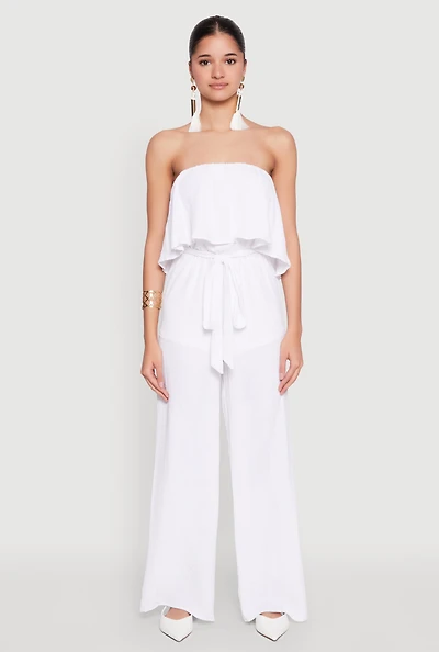 Womens Crepe Knit Ruffle Overlay Tie Waist Jumpsuit, White,