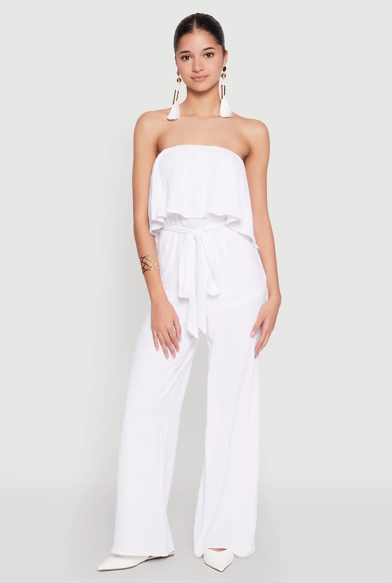 Womens Crepe Knit Ruffle Overlay Tie Waist Jumpsuit, White,