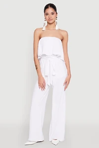 Womens Crepe Knit Ruffle Overlay Tie Waist Jumpsuit, White,