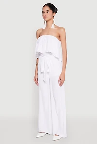 Womens Crepe Knit Ruffle Overlay Tie Waist Jumpsuit, White,