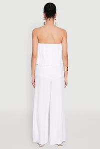 Womens Crepe Knit Ruffle Overlay Tie Waist Jumpsuit, White,