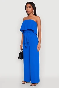 Womens Crepe Knit Ruffle Overlay Tie Waist Jumpsuit,