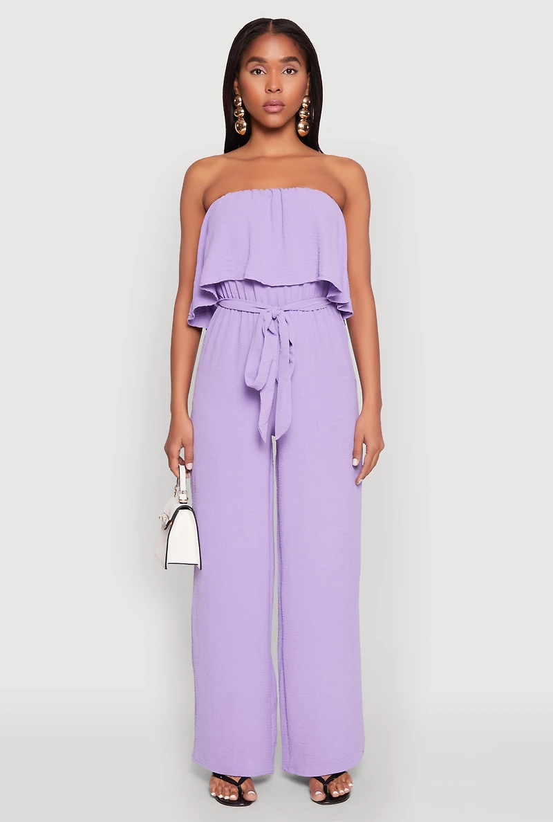 Crepe Knit Ruffle Overlay Tie Waist Jumpsuit