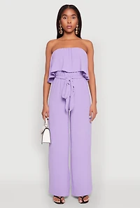 Crepe Knit Ruffle Overlay Tie Waist Jumpsuit