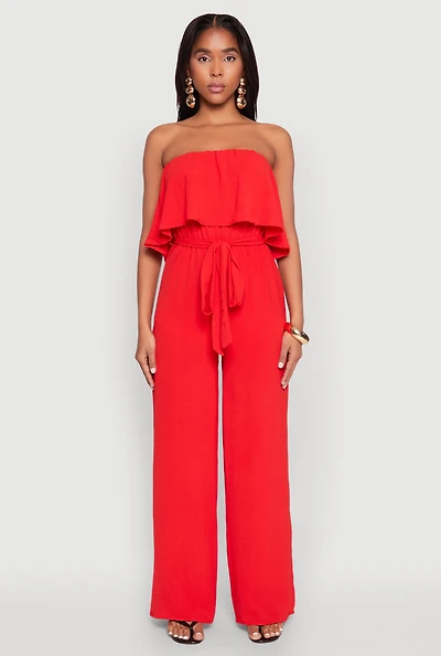 Womens Crepe Knit Ruffle Overlay Tie Waist Jumpsuit, Red, Size M