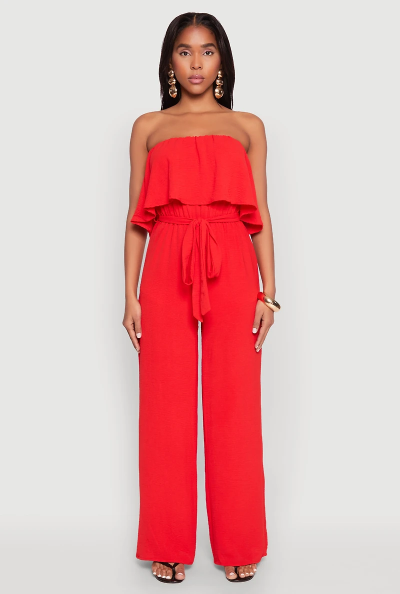 Womens Crepe Knit Ruffle Overlay Tie Waist Jumpsuit,