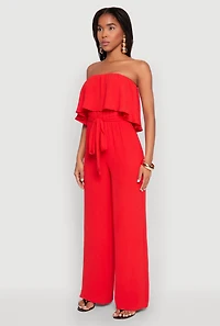 Womens Crepe Knit Ruffle Overlay Tie Waist Jumpsuit,