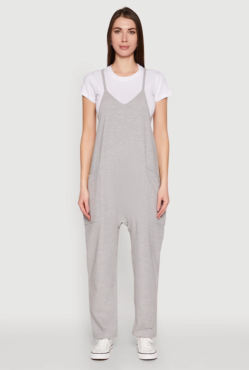 Womens Cargo Pocket V Neck Jumpsuit, Grey, Size M