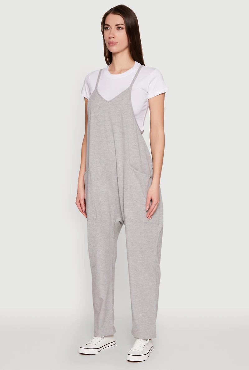 Womens Cargo Pocket V Neck Jumpsuit, Grey, Size M