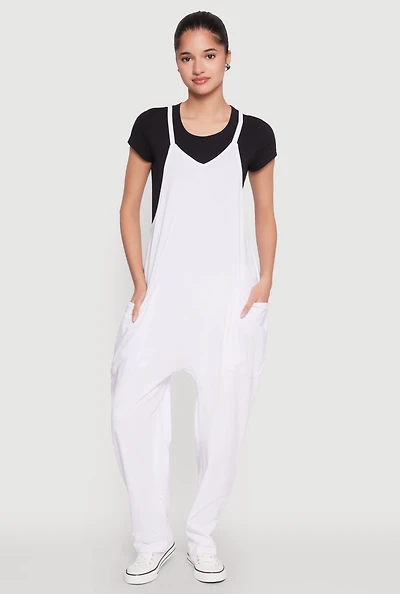 Womens Cargo Pocket V Neck Jumpsuit, White, Size L