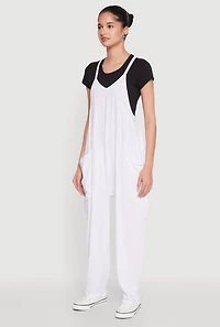 Womens Cargo Pocket V Neck Jumpsuit, White, Size L