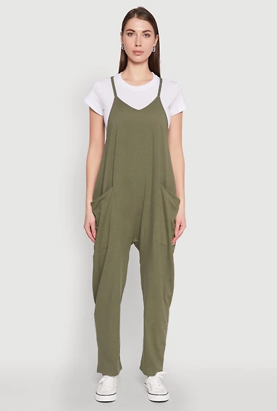 Womens Cargo Pocket V Neck Jumpsuit,